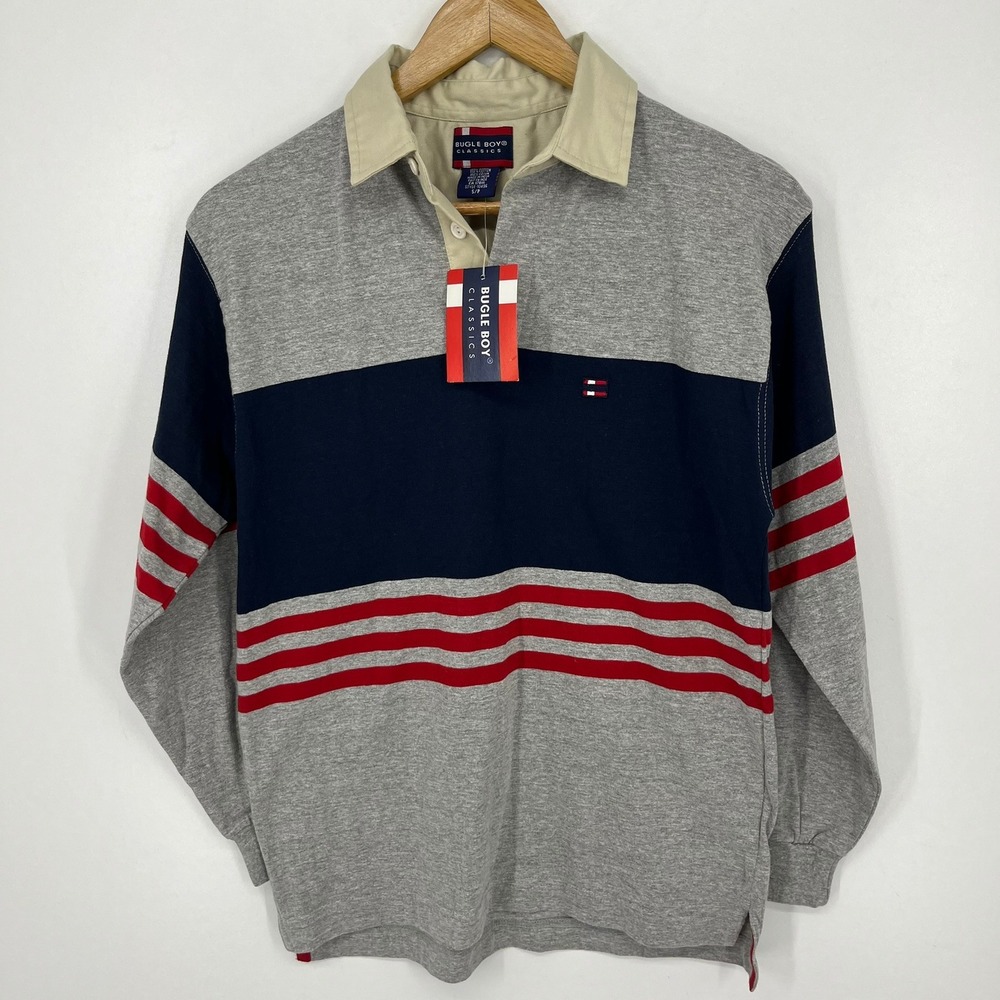 Bugle Boy Classics Kids Grey Navy Red Striped Long Sleeve Rugby Shirt S New NOS